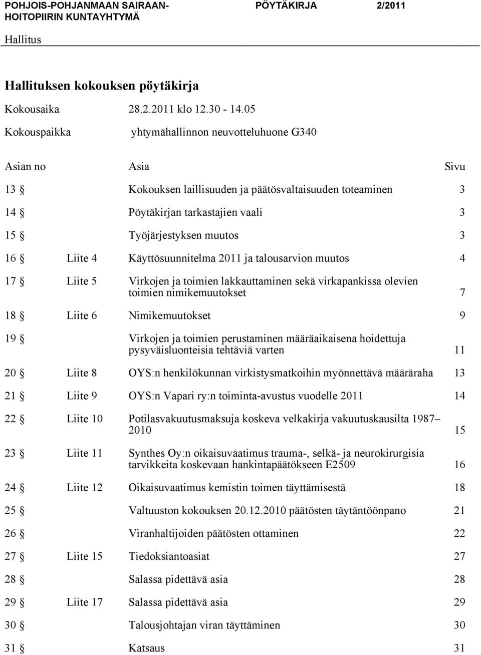 Liite 4 Käyttösuunnitelma 2011 ja talousarvion muutos 4 17 Liite 5 Virkojen ja toimien lakkauttaminen sekä virkapankissa olevien toimien nimikemuutokset 7 18 Liite 6 Nimikemuutokset 9 19 Virkojen ja