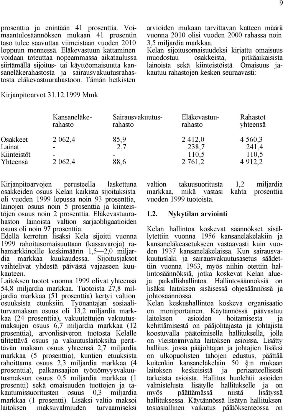 Tämän hetkisten arvioiden mukaan tarvittavan katteen määrä vuonna 2010 olisi vuoden 2000 rahassa noin 3,5 miljardia markkaa.