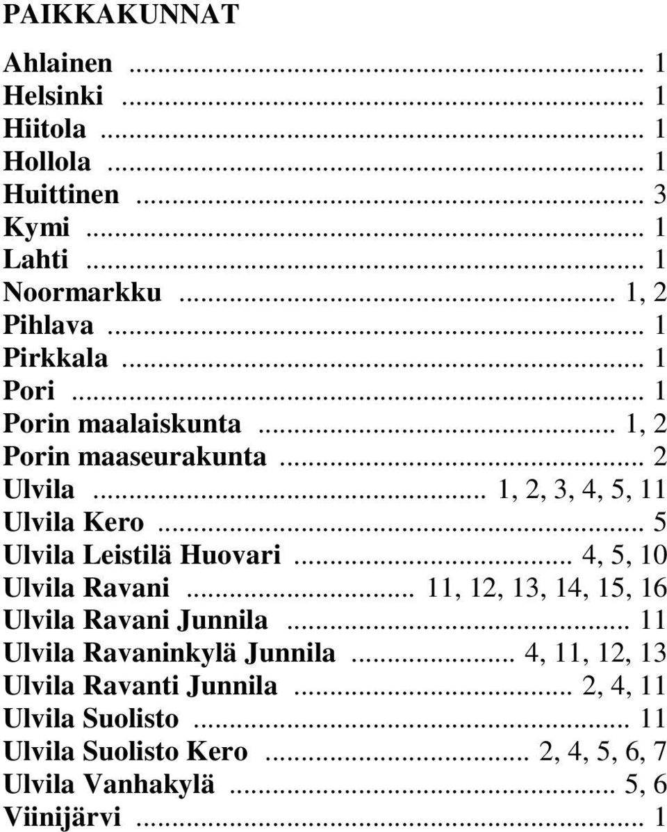 .. 5 Ulvila Leistilä Huovari... 4, 5, 10 Ulvila Ravani... 11, 12, 13, 14, 15, 16 Ulvila Ravani Junnila... 11 Ulvila Ravaninkylä Junnila.