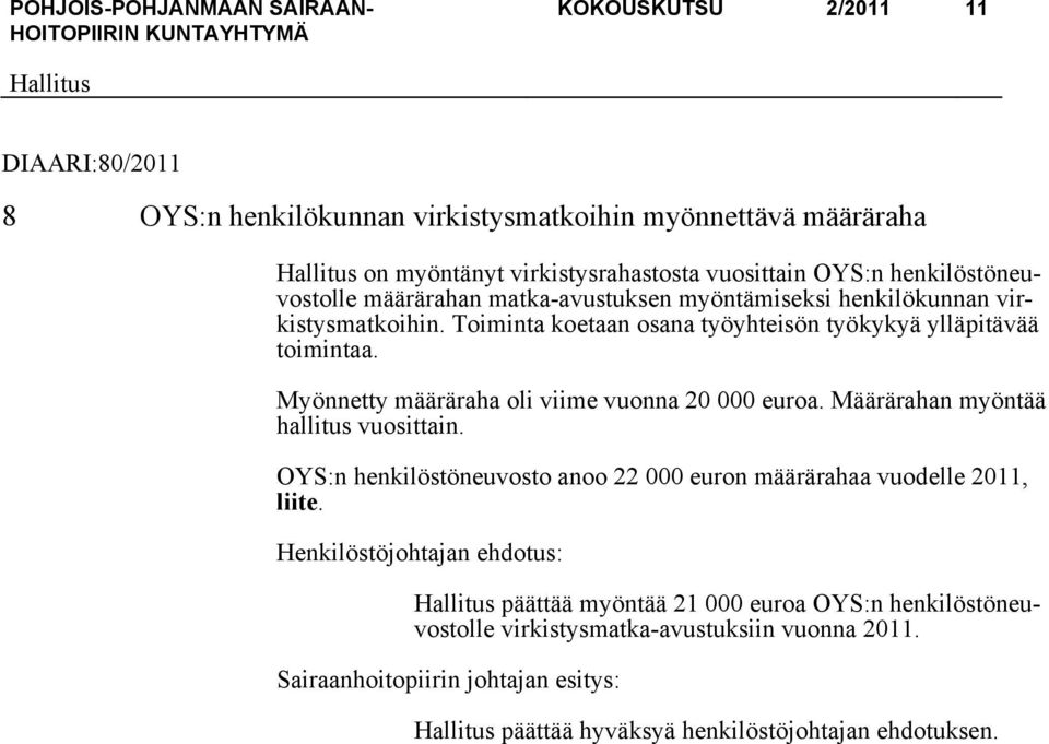 Myönnetty määräraha oli viime vuonna 20 000 euroa. Määrärahan myöntää hallitus vuosittain.