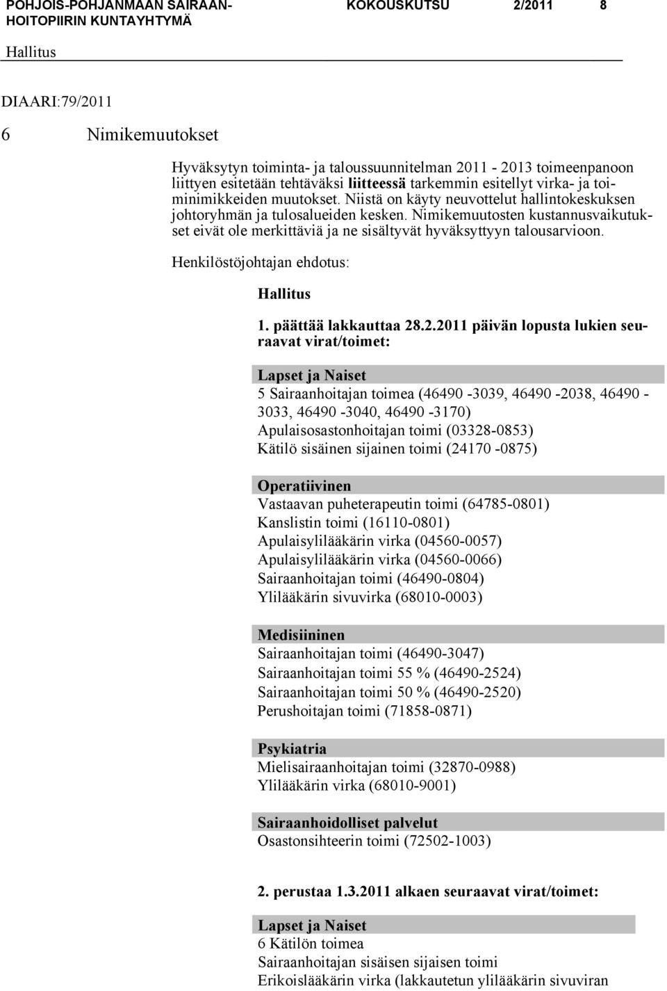 Nimikemuutosten kustannusvaikutukset eivät ole merkittäviä ja ne sisältyvät hyväksyttyyn talousarvioon. Henkilöstöjohtajan ehdotus: 1. päättää lakkauttaa 28