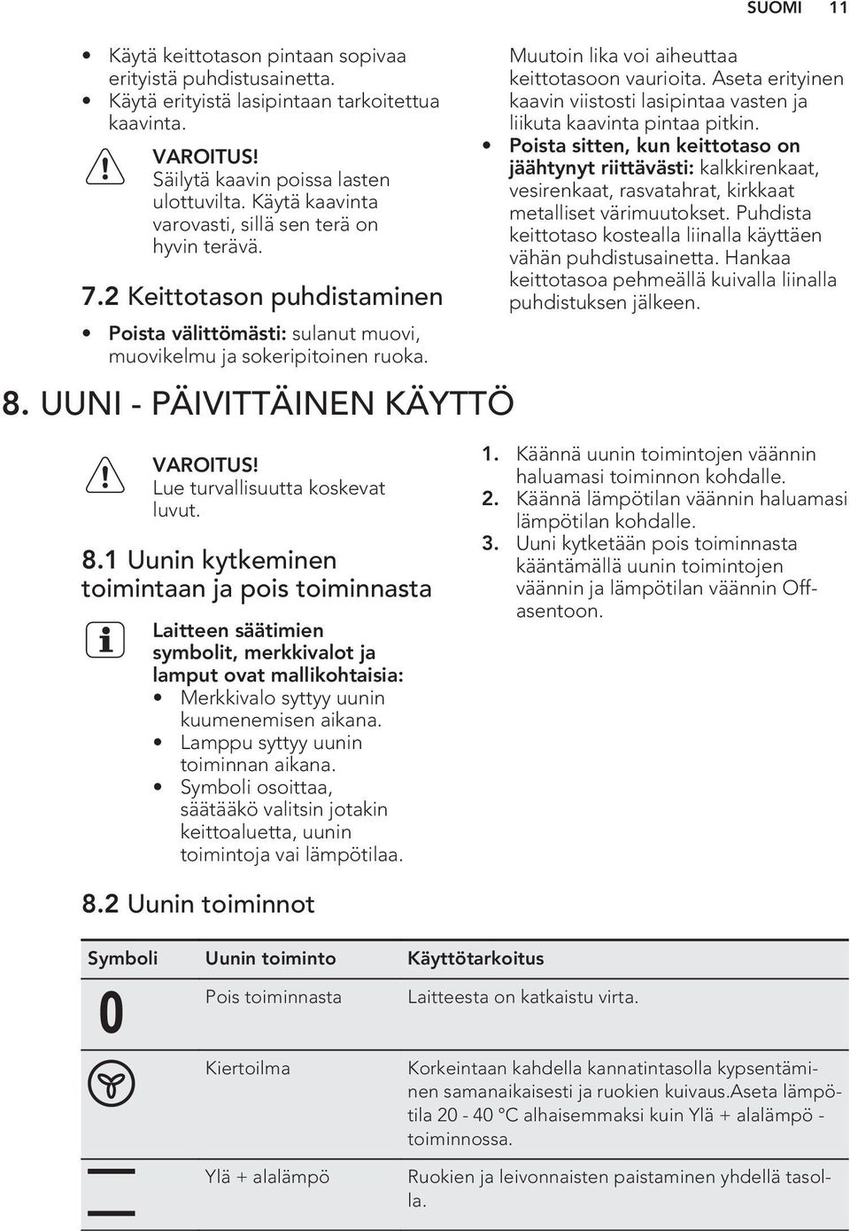 UUNI - PÄIVITTÄINEN KÄYTTÖ SUOMI 11 Muutoin lika voi aiheuttaa keittotasoon vaurioita. Aseta erityinen kaavin viistosti lasipintaa vasten ja liikuta kaavinta pintaa pitkin.