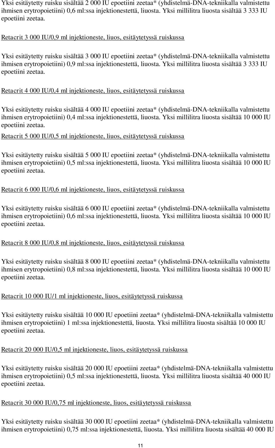 Retacrit 3 000 IU/0,9 ml injektioneste, liuos, esitäytetyssä ruiskussa Yksi esitäytetty ruisku sisältää 3 000 IU epoetiini zeetaa* (yhdistelmä-dna-tekniikalla valmistettu ihmisen erytropoietiini) 0,9