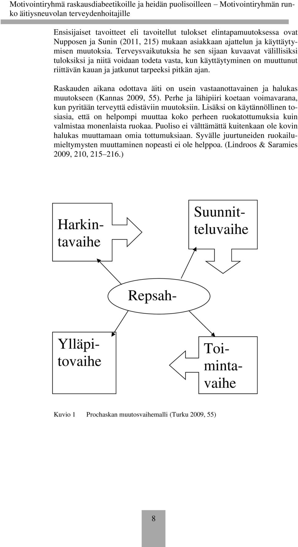 Raskauden aikana odottava äiti on usein vastaanottavainen ja halukas muutokseen (Kannas 2009, 55). Perhe ja lähipiiri koetaan voimavarana, kun pyritään terveyttä edistäviin muutoksiin.