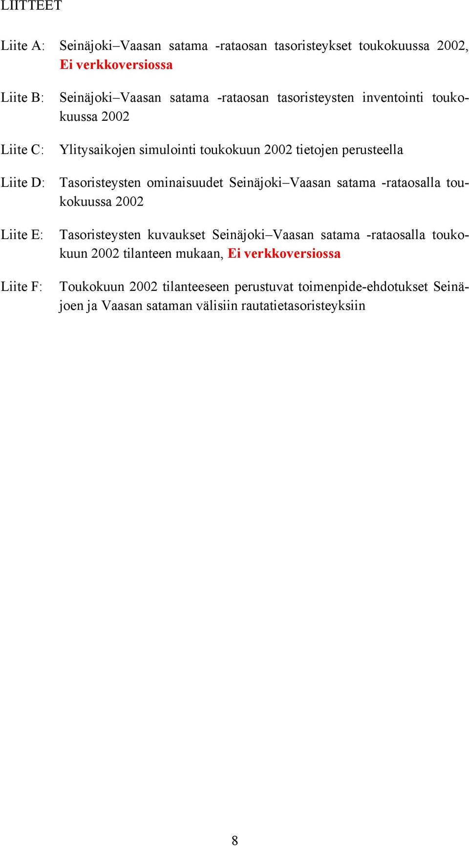 Tasoristeysten ominaisuudet Seinäjoki Vaasan satama -rataosalla toukokuussa 2002 Tasoristeysten kuvaukset Seinäjoki Vaasan satama -rataosalla toukokuun