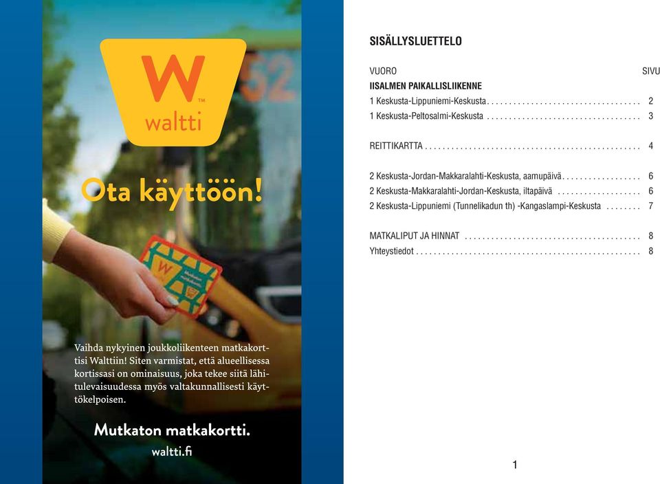 ................. 6 2 Keskusta-Makkaralahti-Jordan-Keskusta, iltapäivä................... 6 2 Keskusta-Lippuniemi (Tunnelikadun th) -Kangaslampi-Keskusta.