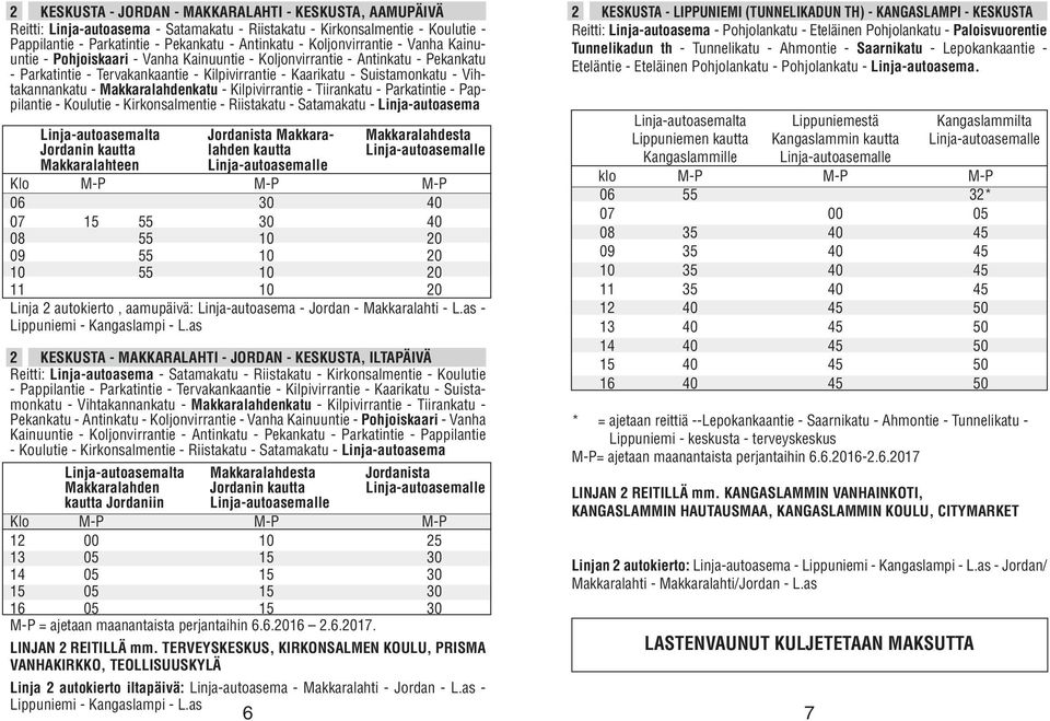 Vihtakannankatu - Makkaralahdenkatu - Kilpivirrantie - Tiirankatu - Parkatintie - Pappilantie - Koulutie - Kirkonsalmentie - Riistakatu - Satamakatu - Linja-autoasema Linja-autoasemalta Jordanista