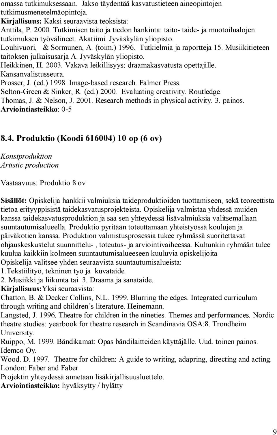 Musiikitieteen taitoksen julkaisusarja A. Jyväskylän yliopisto. Heikkinen, H. 2003. Vakava leikillisyys: draamakasvatusta opettajille. Kansanvalistusseura. Prosser, J. (ed.) 1998.Image based research.