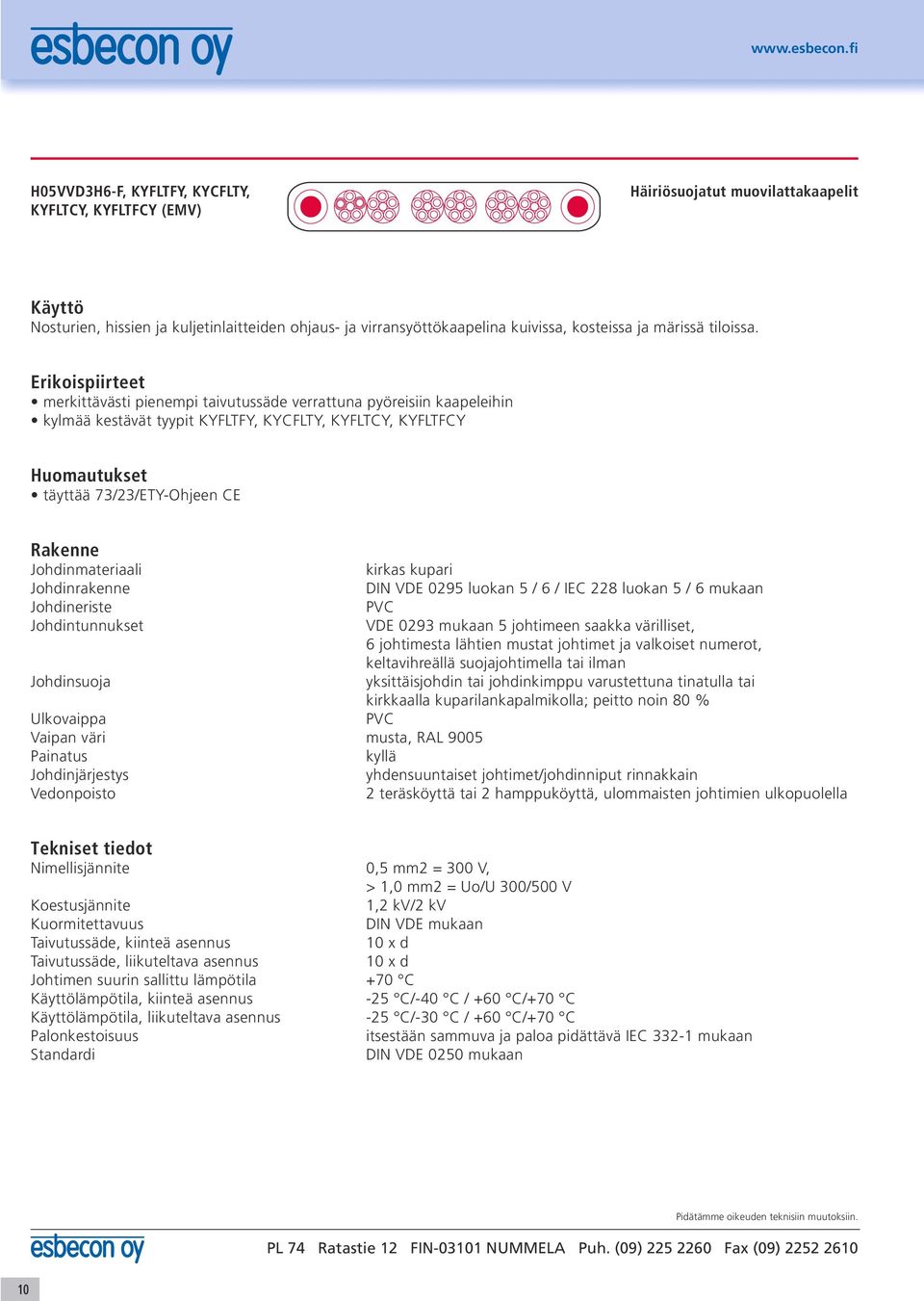 Erikoispiirteet merkittävästi pienempi taivutussäde verrattuna pyöreisiin kaapeleihin kylmää kestävät tyypit KYFLTFY, KYCFLTY, KYFLTCY, KYFLTFCY Huomautukset täyttää 73/23/ETY-Ohjeen CE Rakenne