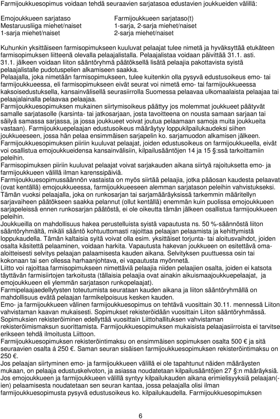 Pelaajalistaa voidaan päivittää 31.1. asti. 31.1. jälkeen voidaan liiton sääntöryhmä päätöksellä lisätä pelaajia pakottavista syistä pelaajalistalle pudotuspelien alkamiseen saakka.