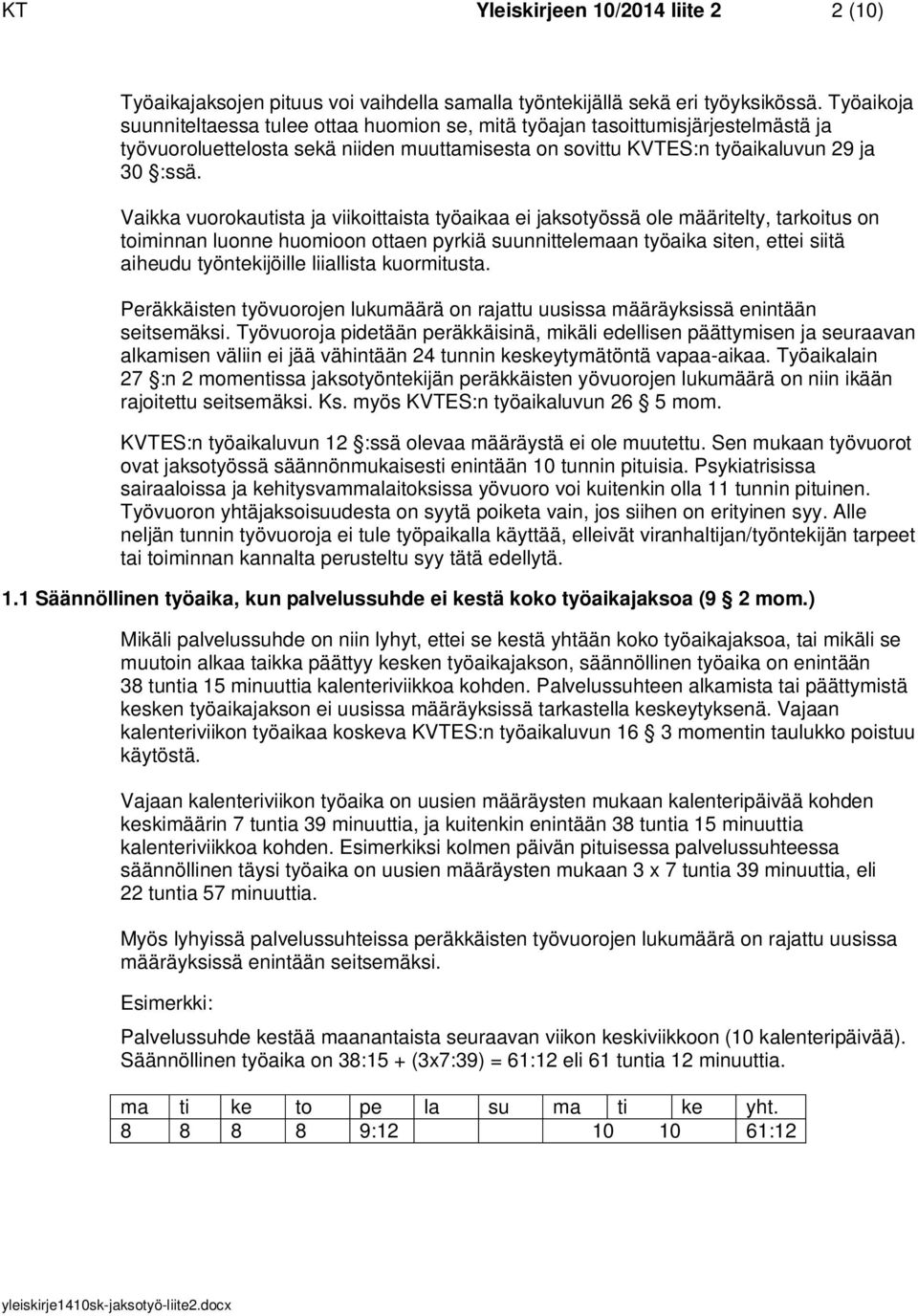 Vaikka vuorokautista ja viikoittaista työaikaa ei jaksotyössä ole määritelty, tarkoitus on toiminnan luonne huomioon ottaen pyrkiä suunnittelemaan työaika siten, ettei siitä aiheudu työntekijöille