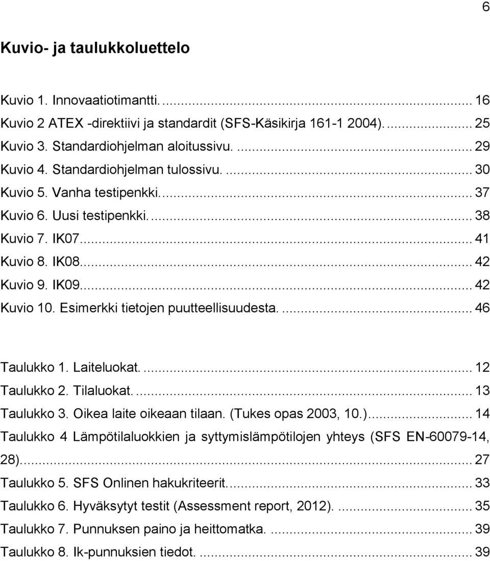 Esimerkki tietojen puutteellisuudesta.... 46 Taulukko 1. Laiteluokat.... 12 Taulukko 2. Tilaluokat.... 13 Taulukko 3. Oikea laite oikeaan tilaan. (Tukes opas 2003, 10.).