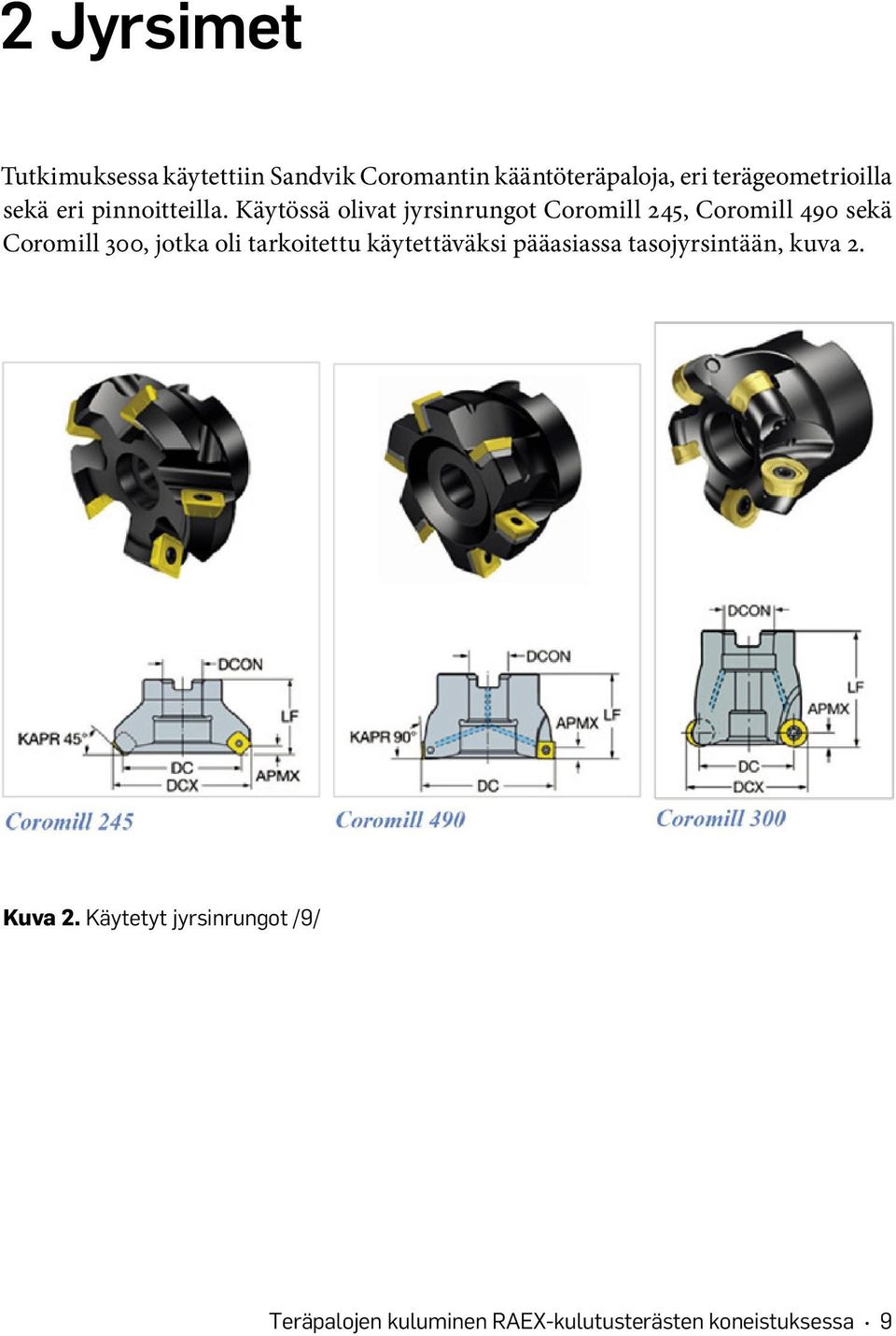 Käytössä olivat jyrsinrungot Coromill 245, Coromill 490 sekä Coromill 300, jotka oli