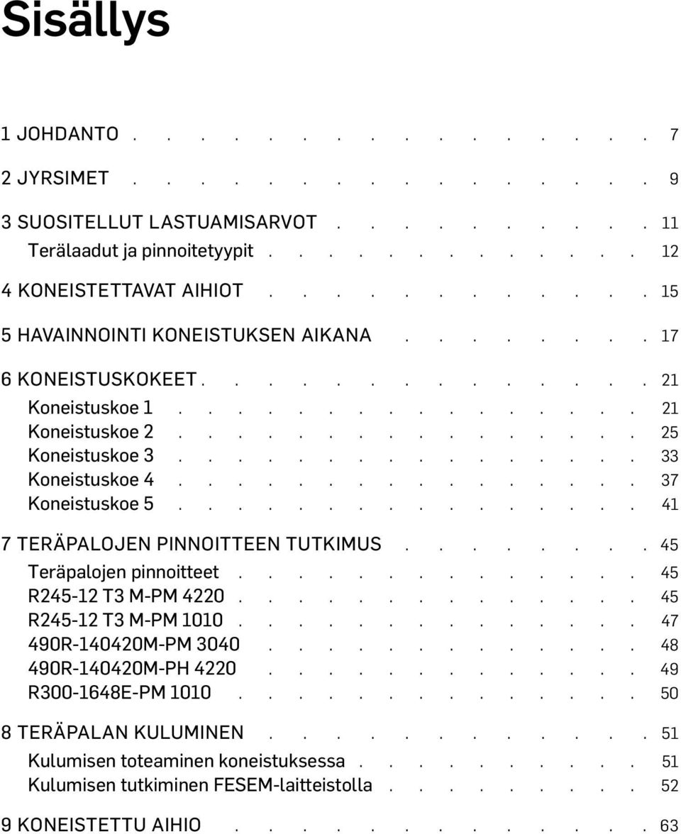 ............... 41 7 TERÄPALOJEN PINNOITTEEN TUTKIMUS........ 45 Teräpalojen pinnoitteet.............. 45 R245-12 T3 M-PM 4220 45 R245-12 T3 M-PM 1010 47 490R-140420M-PM 3040............. 48 490R-140420M-PH 4220.