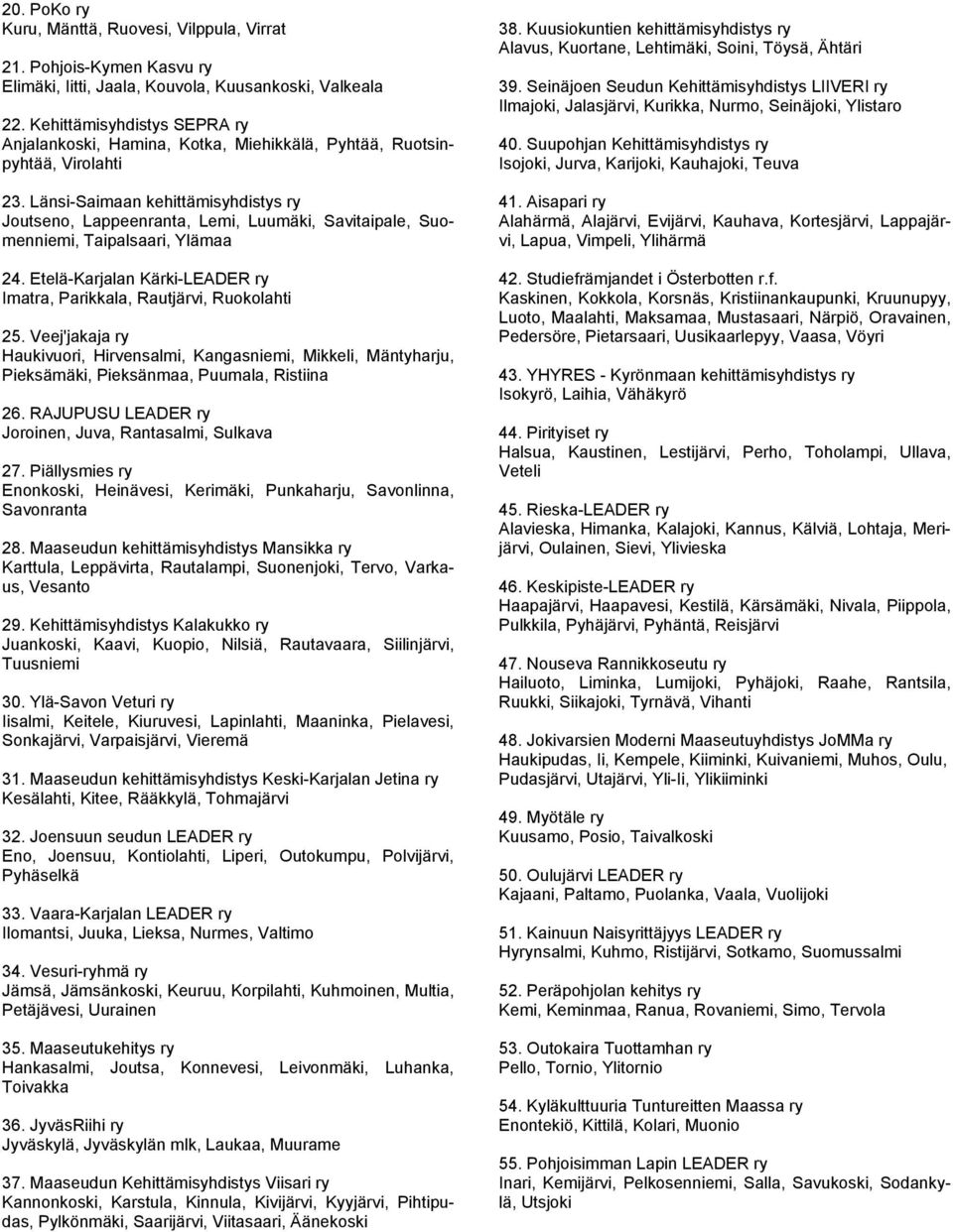 Länsi-Saimaan kehittämisyhdistys ry Joutseno, Lappeenranta, Lemi, Luumäki, Savitaipale, Suomenniemi, Taipalsaari, Ylämaa 24. Etelä-Karjalan Kärki-LEADER ry Imatra, Parikkala, Rautjärvi, Ruokolahti 25.