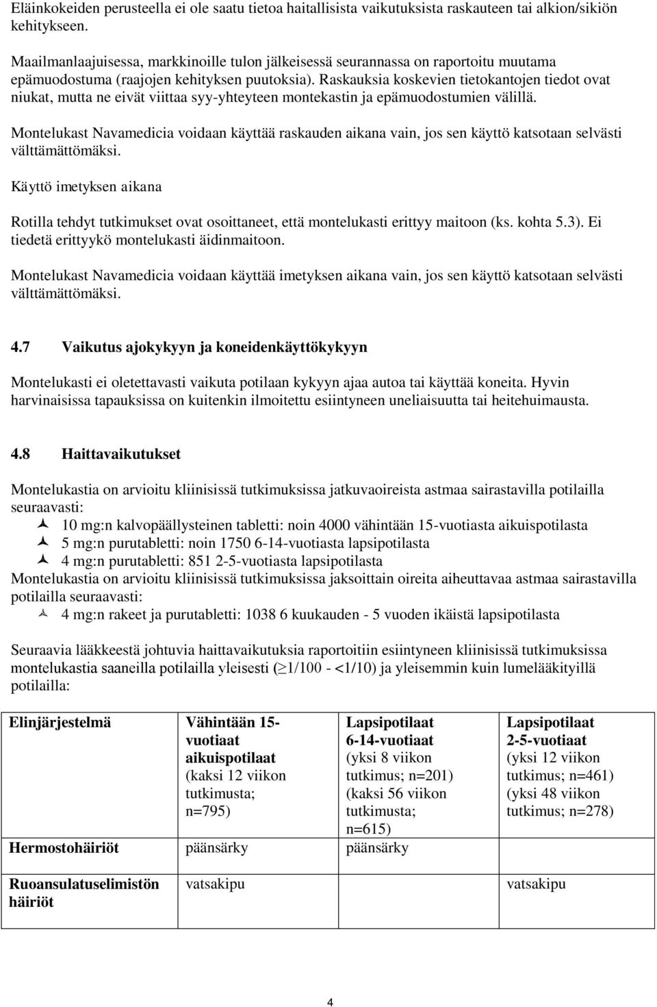 Raskauksia koskevien tietokantojen tiedot ovat niukat, mutta ne eivät viittaa syy-yhteyteen montekastin ja epämuodostumien välillä.