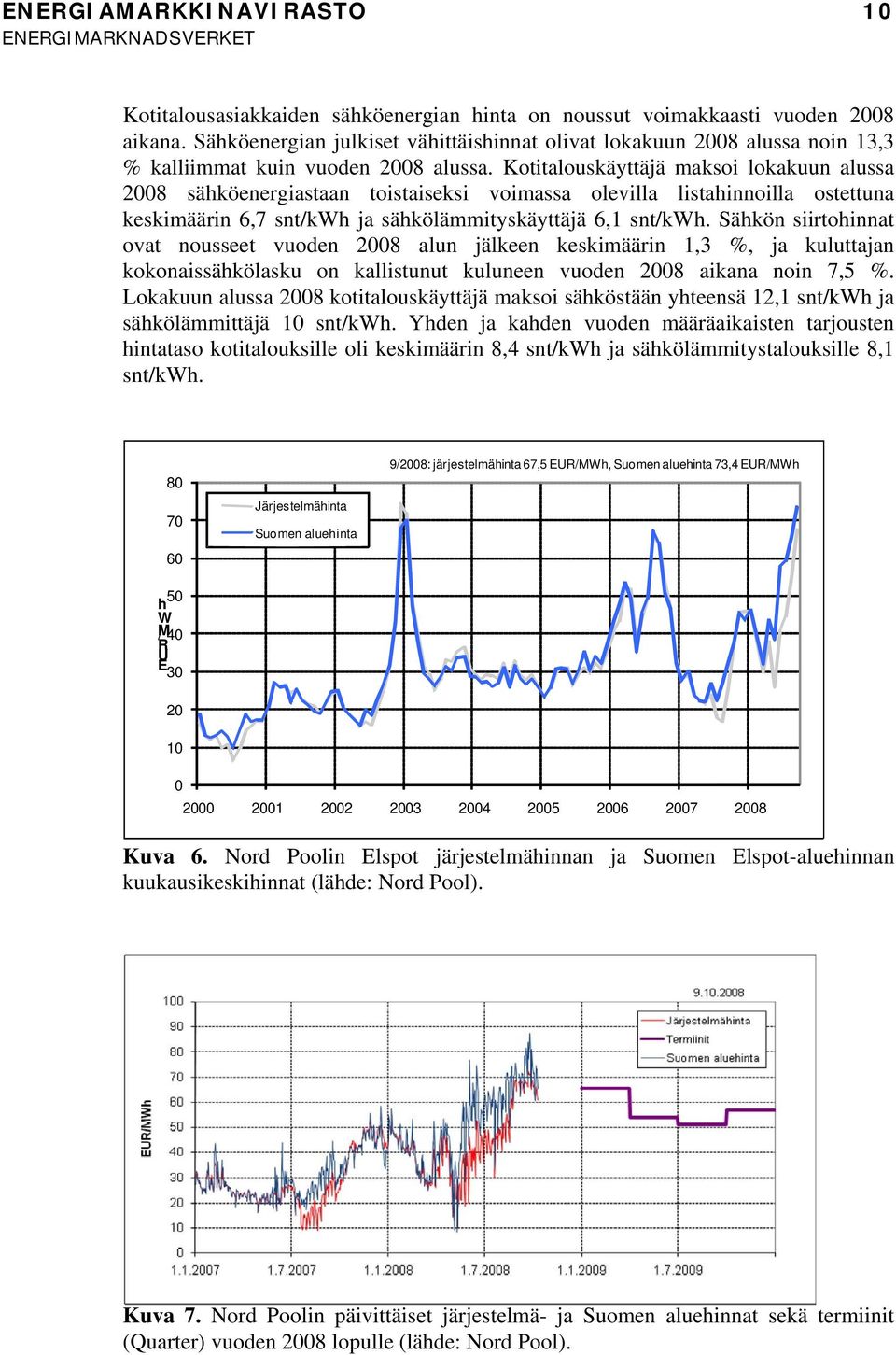 Kotitalouskäyttäjä maksoi lokakuun alussa 2008 sähköenergiastaan toistaiseksi voimassa olevilla listahinnoilla ostettuna keskimäärin 6,7 snt/kwh ja sähkölämmityskäyttäjä 6,1 snt/kwh.