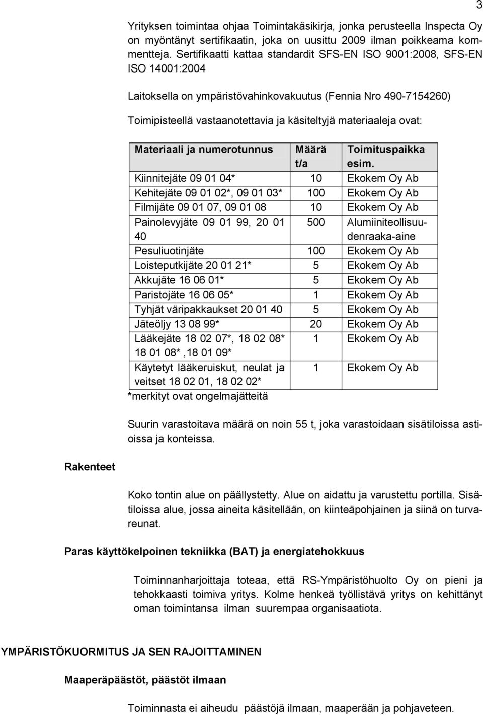 materiaaleja ovat: Materiaali ja numerotunnus Määrä t/a Toimituspaikka esim.