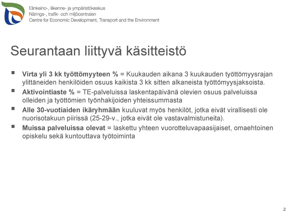 Aktivointiaste % = TE-palveluissa laskentapäivänä olevien osuus palveluissa olleiden ja työttömien työnhakijoiden yhteissummasta Alle