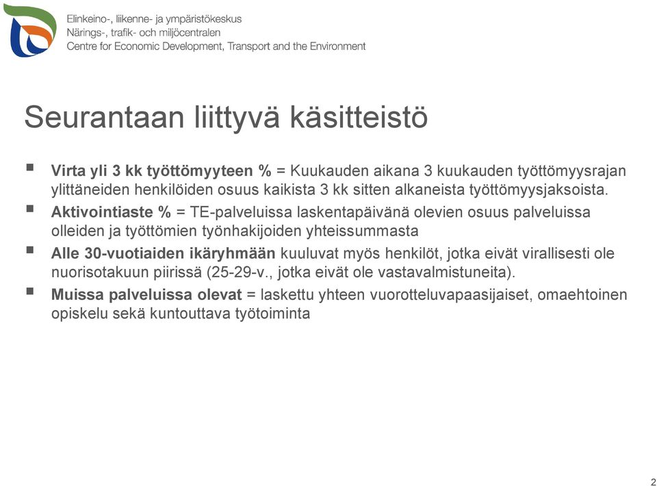 Aktivointiaste % = TE-palveluissa laskentapäivänä olevien osuus palveluissa olleiden ja työttömien työnhakijoiden yhteissummasta Alle