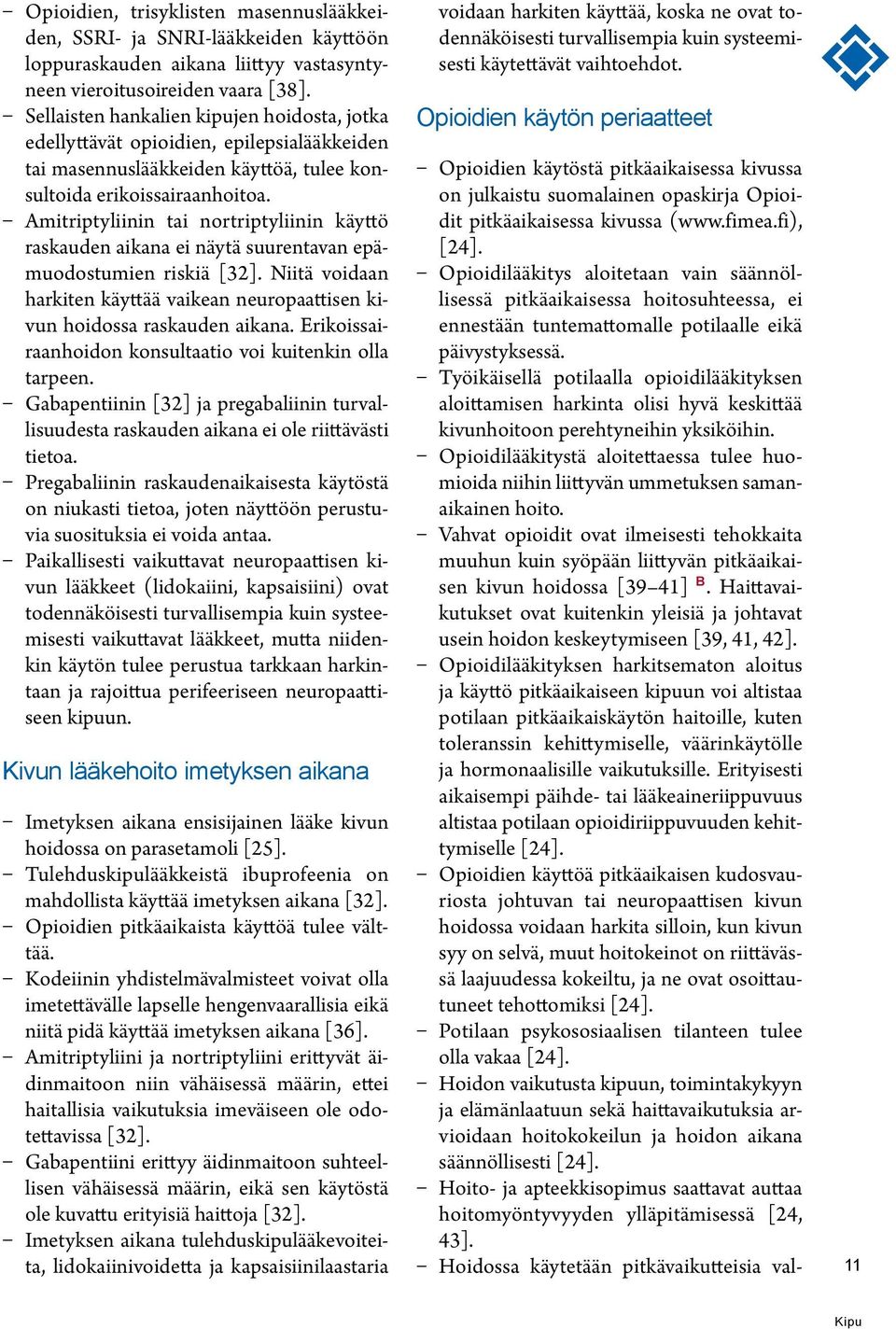 Amitriptyliinin tai nortriptyliinin käyttö raskauden aikana ei näytä suurentavan epämuodostumien riskiä [32]. Niitä voidaan harkiten käyttää vaikean neuropaattisen kivun hoidossa raskauden aikana.