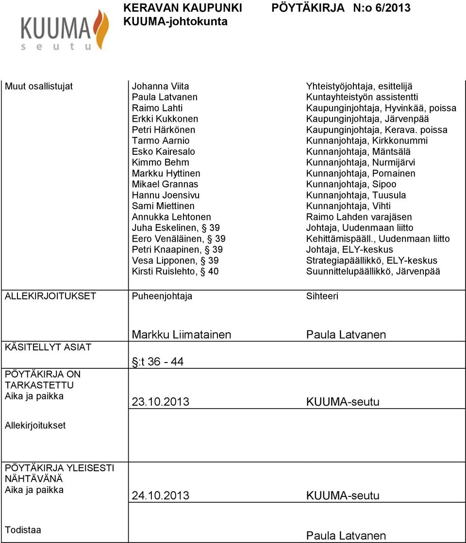 Yhteistyöjohtaja, esittelijä Kuntayhteistyön assistentti Kaupunginjohtaja, Hyvinkää, poissa Kaupunginjohtaja, Järvenpää Kaupunginjohtaja, Kerava.
