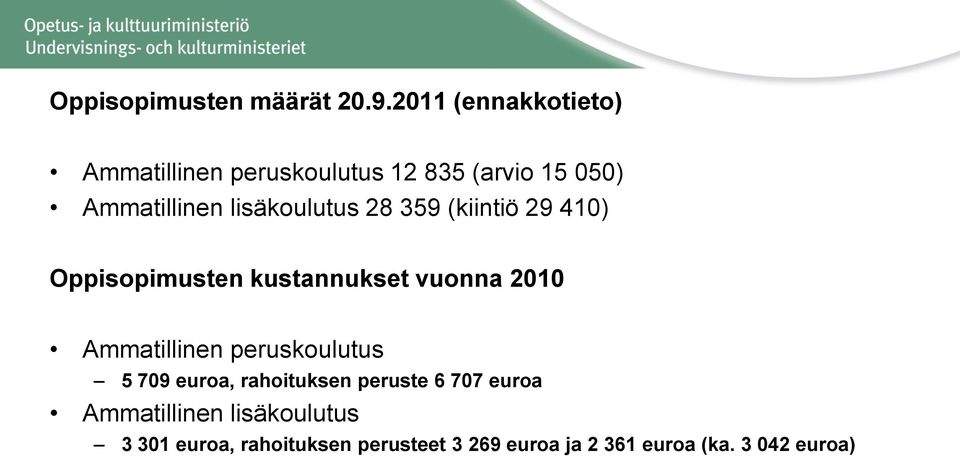 lisäkoulutus 28 359 (kiintiö 29 410) Oppisopimusten kustannukset vuonna 2010 Ammatillinen