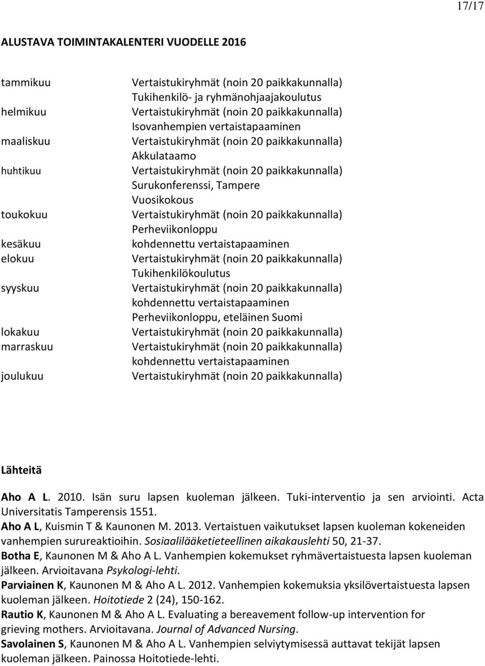 kohdennettu vertaistapaaminen Lähteitä Aho A L. 2010. Isän suru lapsen kuoleman jälkeen. Tuki-interventio ja sen arviointi. Acta Universitatis Tamperensis 1551. Aho A L, Kuismin T & Kaunonen M. 2013.