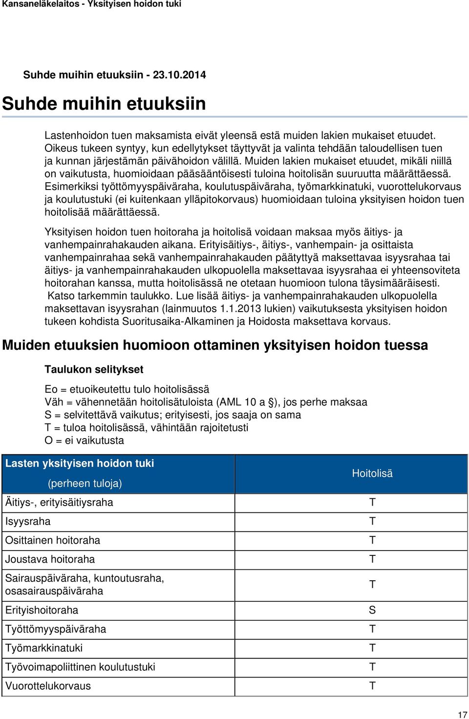 Muiden lakien mukaiset etuudet, mikäli niillä on vaikutusta, huomioidaan pääsääntöisesti tuloina hoitolisän suuruutta määrättäessä.