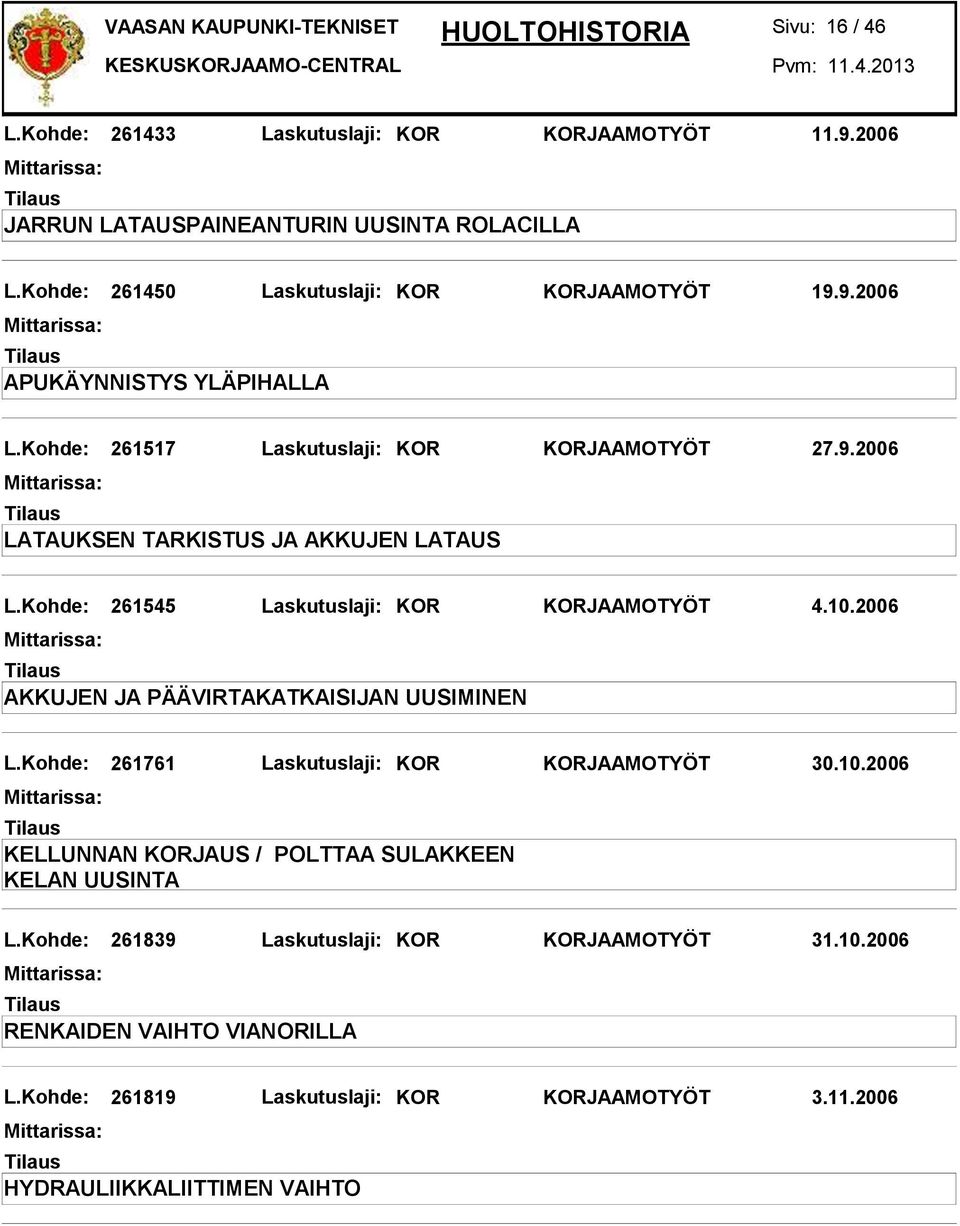 2006 AKKUJEN JA PÄÄVIRTAKATKAISIJAN UUSIMINEN L.Kohde: 261761 Laskutuslaji: KOR KORJAAMOTYÖT 30.10.2006 KELLUNNAN KORJAUS / POLTTAA SULAKKEEN KELAN UUSINTA L.