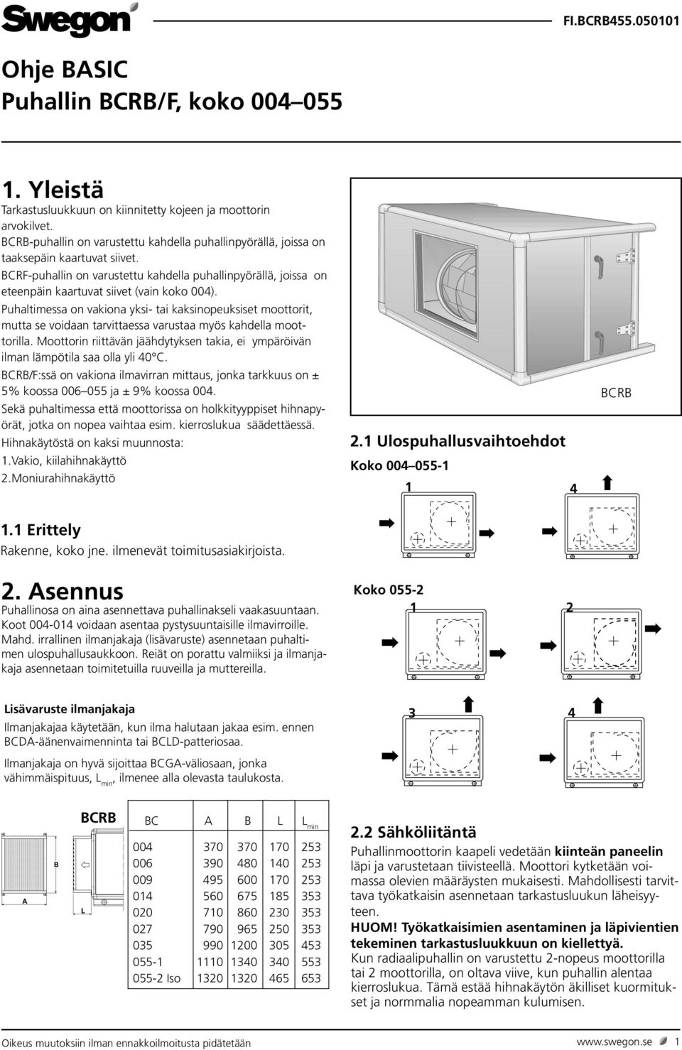 BCRF-puhallin on varustettu kahdella puhallinpyörällä, joissa on eteenpäin kaartuvat siivet (vain koko 004).