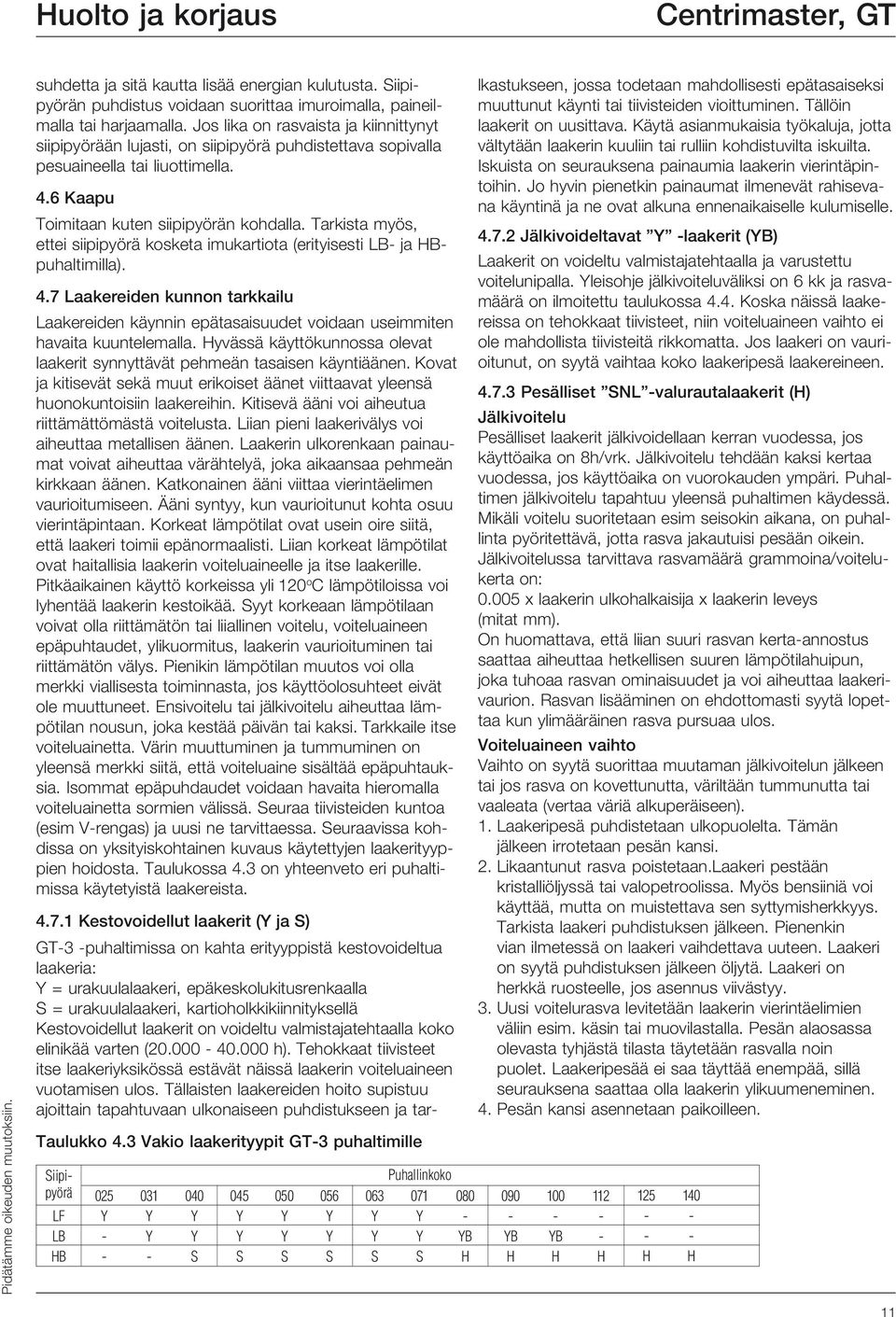 Tarkista myös, ettei siipipyörä kosketa imukartiota (erityisesti LB ja HBpuhaltimilla). 4.7 Laakereiden kunnon tarkkailu Laakereiden käynnin epätasaisuudet voidaan useimmiten havaita kuuntelemalla.