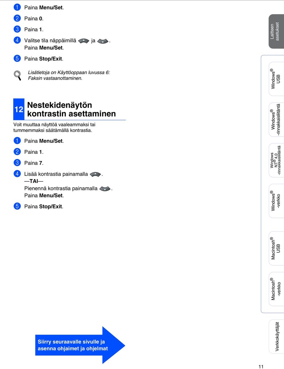 USB 12 Nestekidenäytön kontrastin asettaminen Voit muuttaa näyttöä vaaleammaksi tai tummemmaksi säätämällä kontrastia. -rinnakkaisliitäntä 1 Paina Menu/Set.