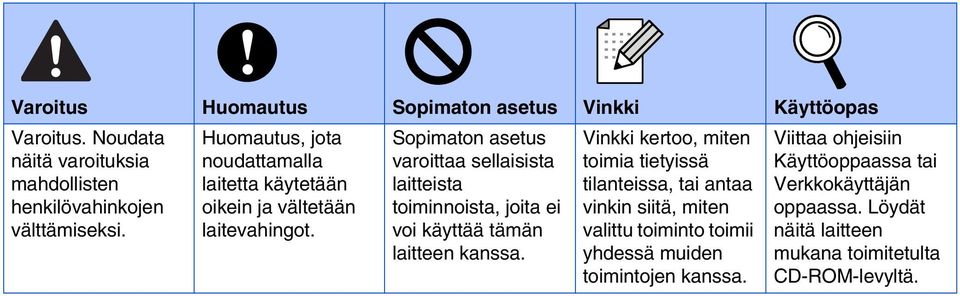 Sopimaton asetus varoittaa sellaisista laitteista toiminnoista, joita ei voi käyttää tämän laitteen kanssa.