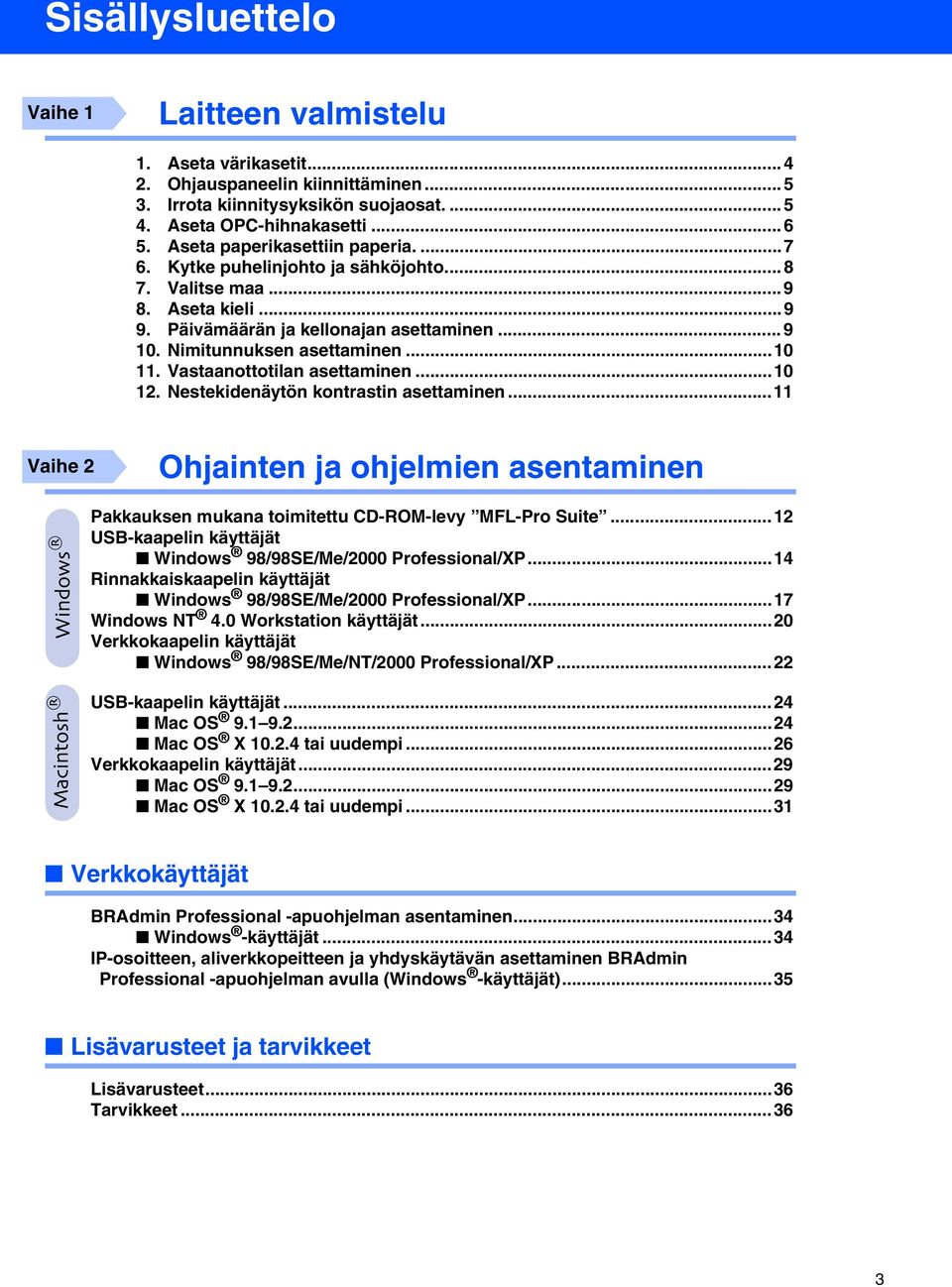 Vastaanottotilan asettaminen...10 12. Nestekidenäytön kontrastin asettaminen...11 Vaihe 2 Pakkauksen mukana toimitettu CD-ROM-levy MFL-Pro Suite.