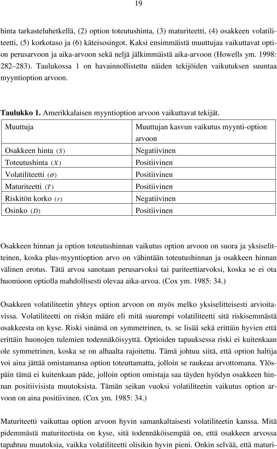 Taulukossa 1 on havainnollistettu näiden tekijöiden vaikutuksen suuntaa myyntioption arvoon. Taulukko 1. Amerikkalaisen myyntioption arvoon vaikuttavat tekijät.