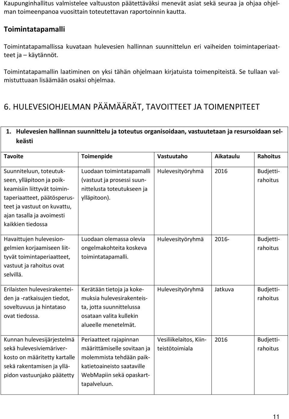 Toimintatapamallin laatiminen on yksi tähän ohjelmaan kirjatuista toimenpiteistä. Se tullaan valmistuttuaan lisäämään osaksi ohjelmaa. 6. HULEVESIOHJELMAN PÄÄMÄÄRÄT, TAVOITTEET JA TOIMENPITEET 1.