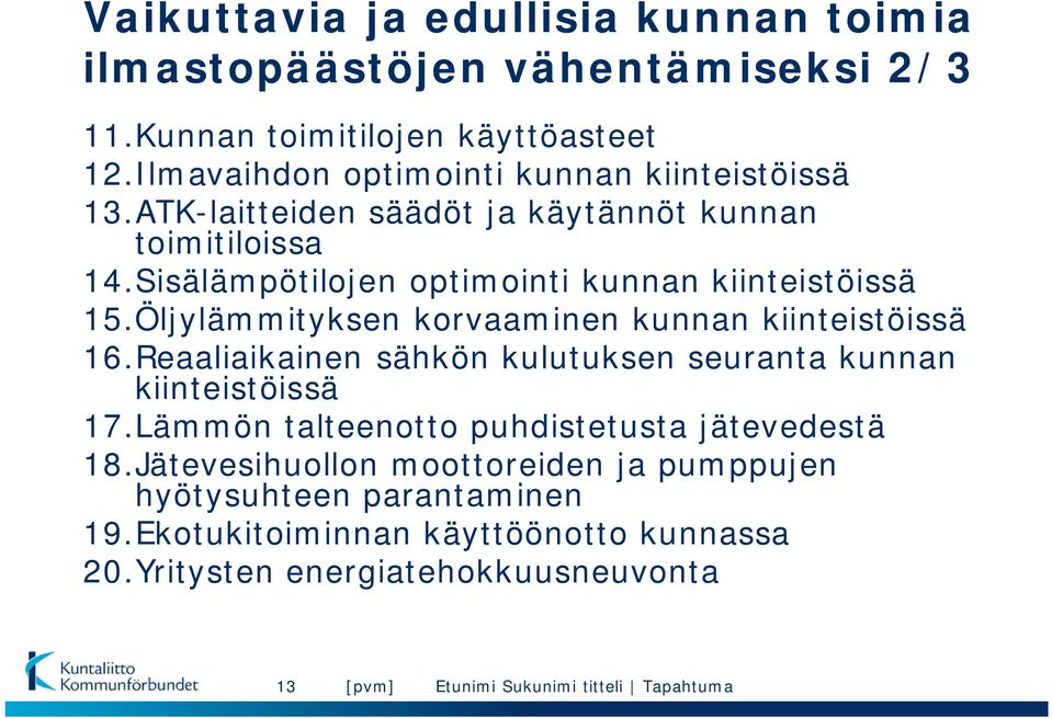 Sisälämpötilojen optimointi kunnan kiinteistöissä 15.Öljylämmityksen korvaaminen kunnan kiinteistöissä 16.