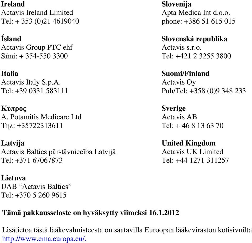 r.o. Tel: +421 2 3255 3800 Suomi/Finland Actavis Oy Puh/Tel: +358 (0)9 348 233 Sverige Actavis AB Tel: + 46 8 13 63 70 United Kingdom Actavis UK Limited Tel: +44 1271 311257 Lietuva UAB