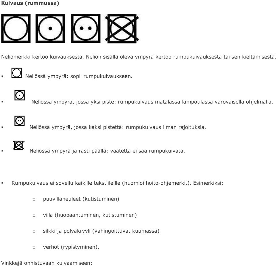 Neliössä ympyrä, jssa kaksi pistettä: rumpukuivaus ilman rajituksia. Neliössä ympyrä ja rasti päällä: vaatetta ei saa rumpukuivata.