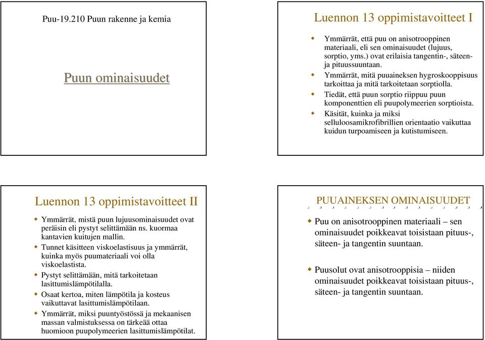 Tiedät, että puun sorptio riippuu puun komponenttien eli puupolymeerien sorptioista. Käsität, kuinka ja miksi selluloosamikrofibrillien orientaatio vaikuttaa kuidun turpoamiseen ja kutistumiseen.