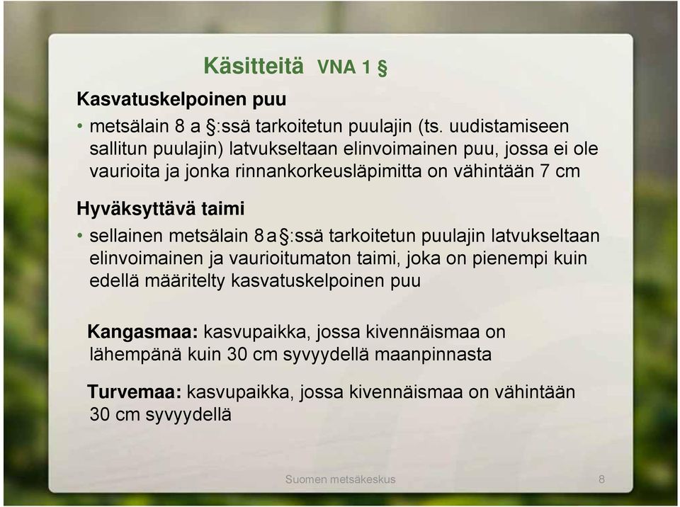 Hyväksyttävä taimi sellainen metsälain 8a :ssä tarkoitetun puulajin latvukseltaan elinvoimainen ja vaurioitumaton taimi, joka on pienempi kuin