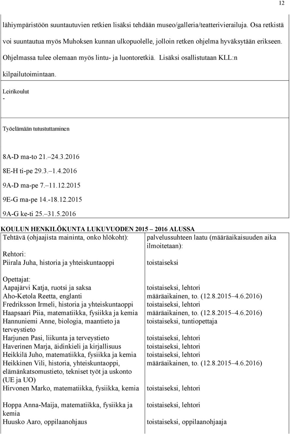 Lisäksi osallistutaan KLL:n kilpailutoimintaan. Leirikoulut - Työelämään tutustuttaminen 8A-D ma-to 21. 24.3.2016 8E-H ti-pe 29.3. 1.4.2016 9A-D ma-pe 7. 11.12.2015 9E-G ma-pe 14.-18.12.2015 9A-G ke-ti 25.
