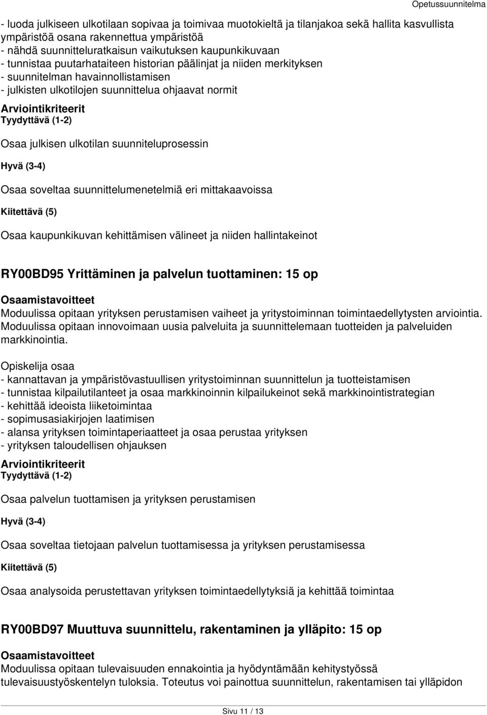 Osaa soveltaa suunnittelumenetelmiä eri mittakaavoissa Osaa kaupunkikuvan kehittämisen välineet ja niiden hallintakeinot Opetussuunnitelma RY00BD95 Yrittäminen ja palvelun tuottaminen: 15 op