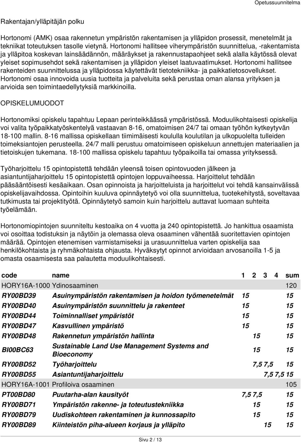 rakentamisen ja ylläpidon yleiset laatuvaatimukset. Hortonomi hallitsee rakenteiden suunnittelussa ja ylläpidossa käytettävät tietotekniikka- ja paikkatietosovellukset.