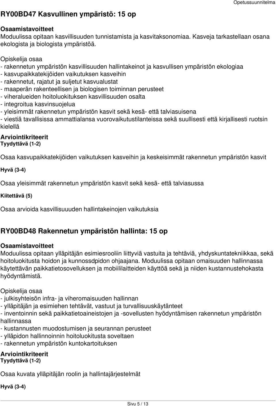 rakenteellisen ja biologisen toiminnan perusteet - viheralueiden hoitoluokituksen kasvillisuuden osalta - integroitua kasvinsuojelua - yleisimmät rakennetun ympäristön kasvit sekä kesä- että