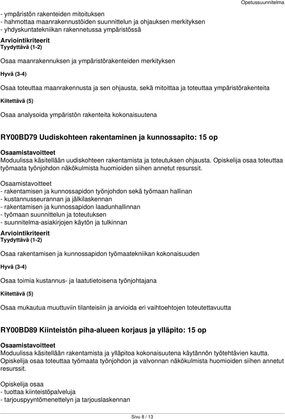 kunnossapito: 15 op Moduulissa käsitellään uudiskohteen rakentamista ja toteutuksen ohjausta. toteuttaa työmaata työnjohdon näkökulmista huomioiden siihen annetut resurssit.