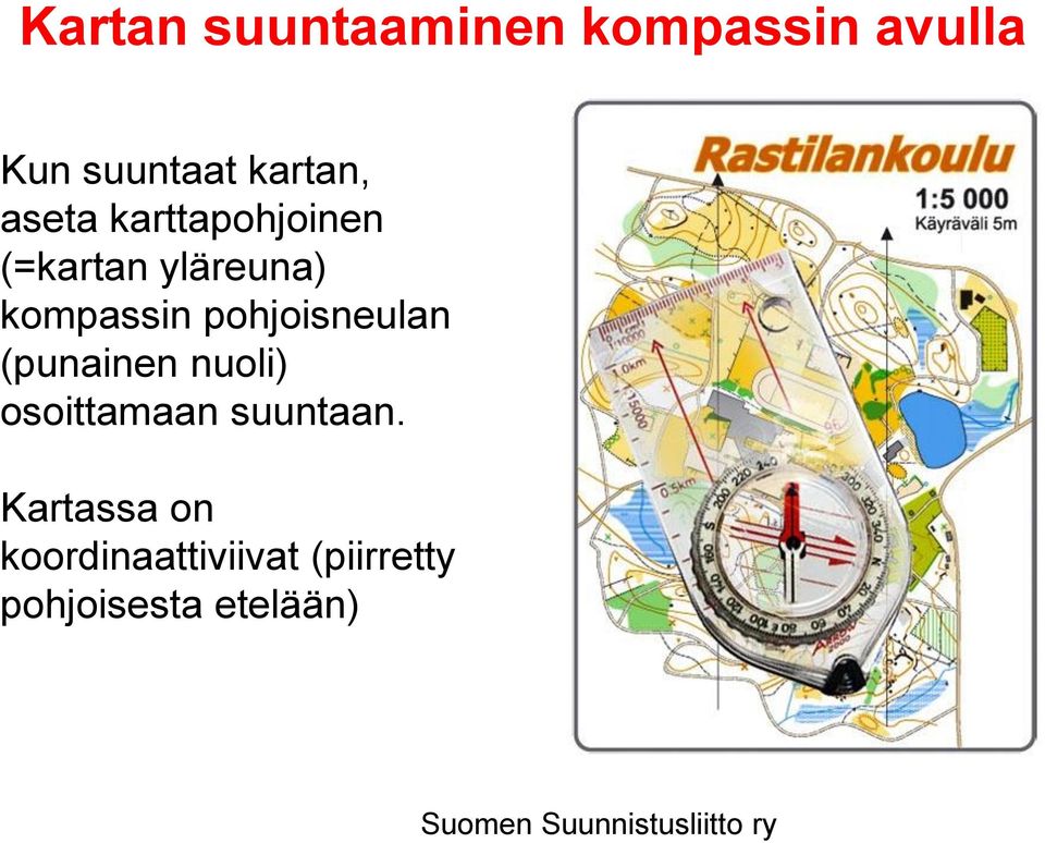 pohjoisneulan (punainen nuoli) osoittamaan suuntaan.