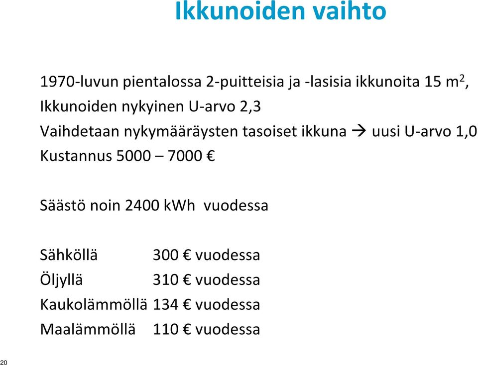 uusi U-arvo 1,0 Kustannus 5000 7000 Säästö noin 2400 kwh vuodessa Sähköllä 300