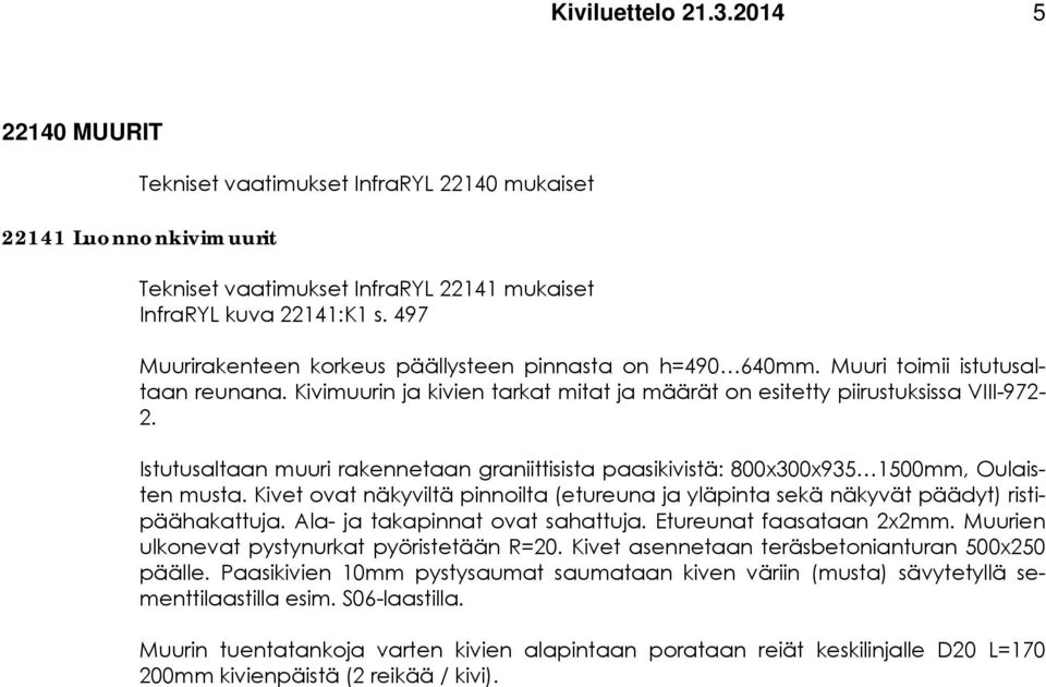 Istutusaltaan muuri rakennetaan graniittisista paasikivistä: 800x300x935 1500mm, Oulaisten musta. Kivet ovat näkyviltä pinnoilta (etureuna ja yläpinta sekä näkyvät päädyt) ristipäähakattuja.